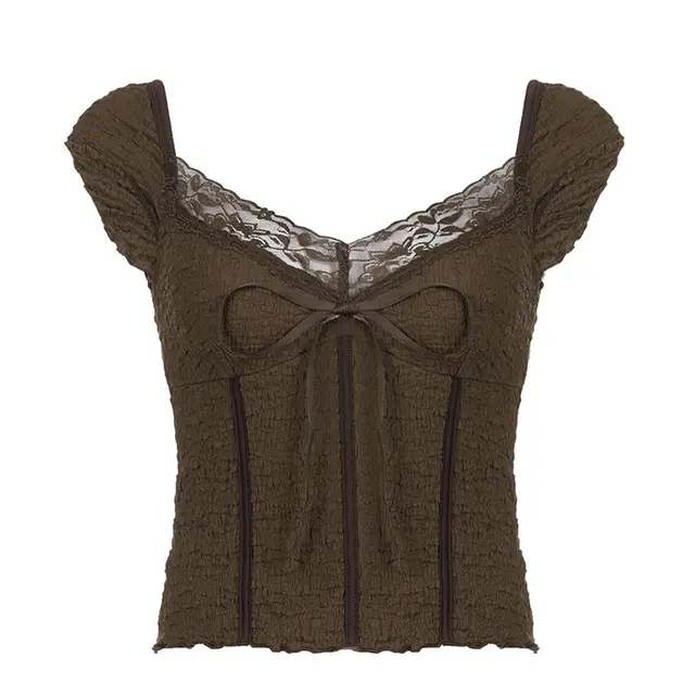 Brown Vintage Bow Fashion Top Brown - Shop at LoveMi
