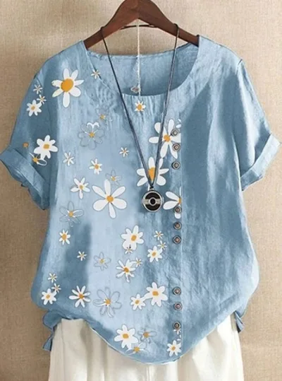 Vintage Cotton Linen Daisy Loose Casual Shirt Short Sleeve Women Sky Blue - Shop at LoveMi