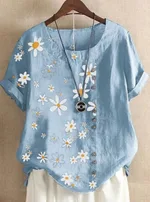 Vintage Cotton Linen Daisy Loose Casual Shirt Short Sleeve Women - Sky Blue