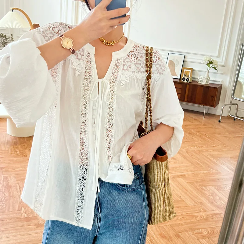 Women's Long Sleeved French White Shirt Top Beige - Shop at LoveMi