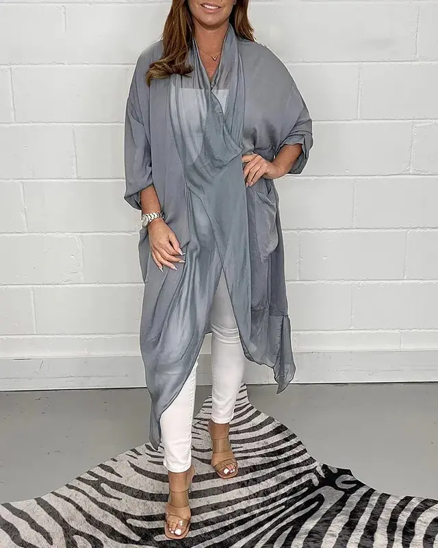 New Slimming Silk Loose V neck Design Solid Color Top Gray - Shop at LoveMi