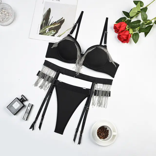 Women's Tassel Gathering Fun Lingerie Three Piece Set Black - Shop at LoveMi