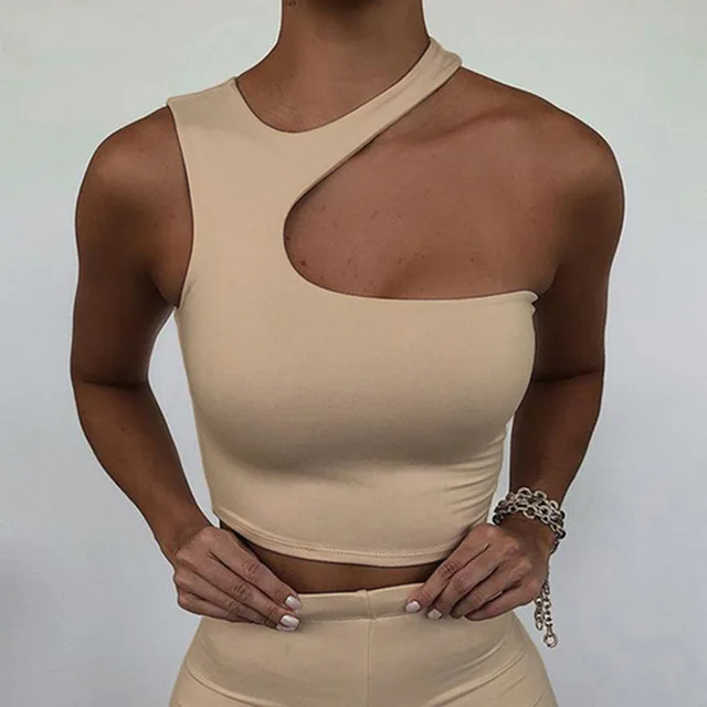 Sexy Shoulder Digging Irregular Short Sports Vest Bottoming Shirt Top Khaki - Shop at LoveMi