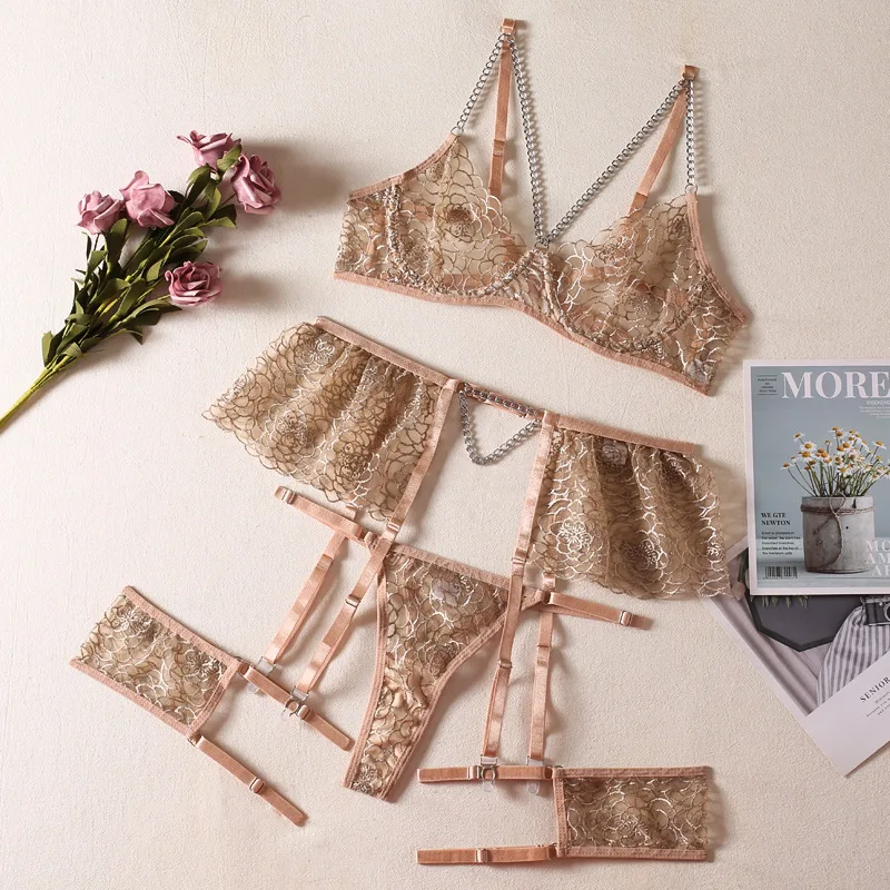 Metal Chain Strap Leg Circumference Steel Ring Sexy Underwear Four-piece Set - Apricot
