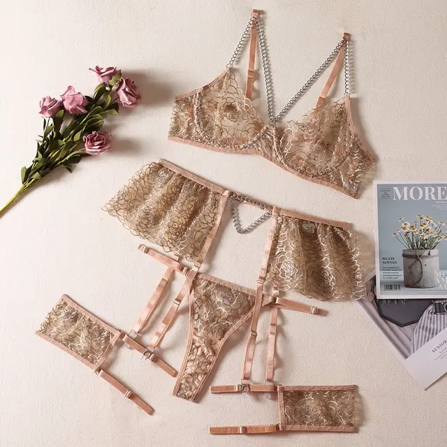Metal Chain Strap Leg Circumference Steel Ring Sexy Underwear Four piece Set Apricot - Shop at LoveMi