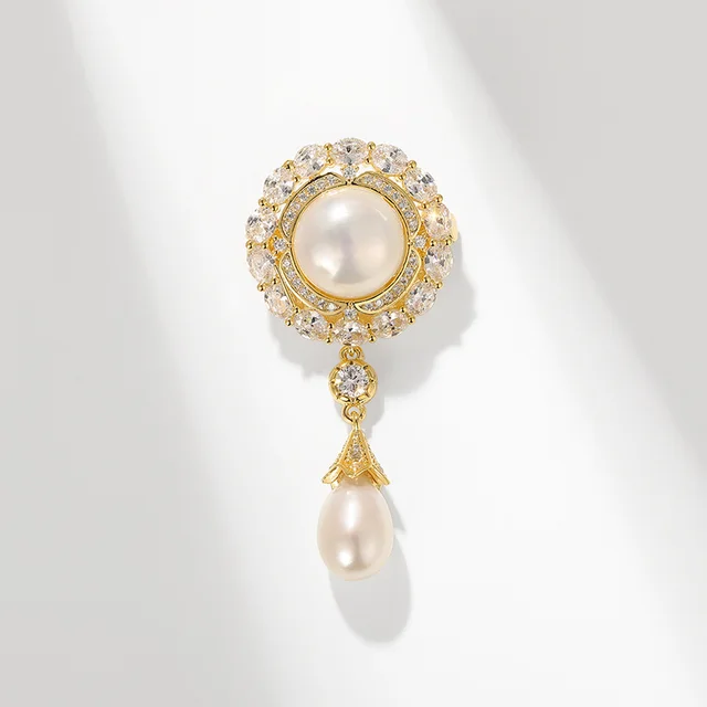 High end Palace Style Zircon Brooch Round Water Drop Shell Pearls Temperament Clothing Accessories Pin Golden White - Shop at LoveMi
