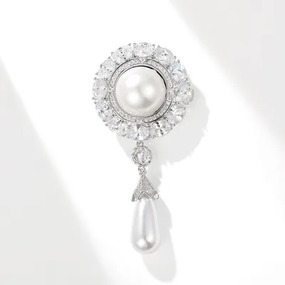 High end Palace Style Zircon Brooch Round Water Drop Shell Pearls Temperament Clothing Accessories Pin Silver White - Shop at LoveMi