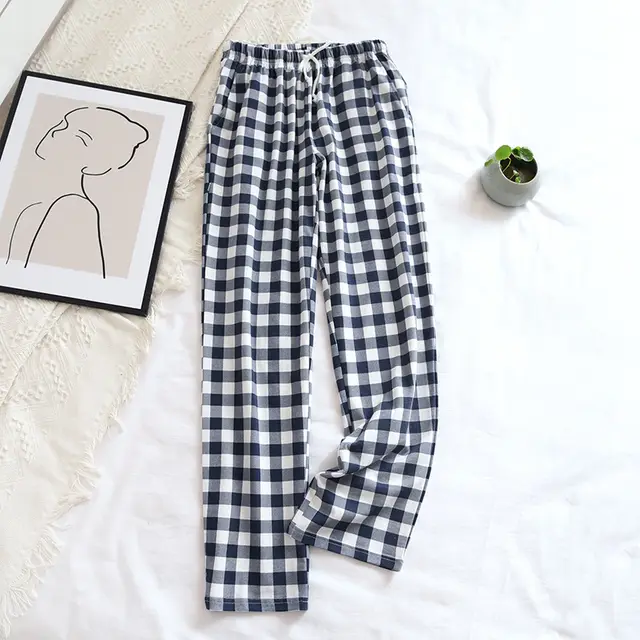 Women's Men's Knitted Plaid Pajama Pants Lady Navy Plaid - Shop at LoveMi