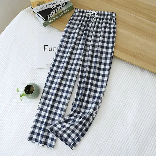 Women's Men's Knitted Plaid Pajama Pants Navy Blue Plaid Man - Shop at LoveMi