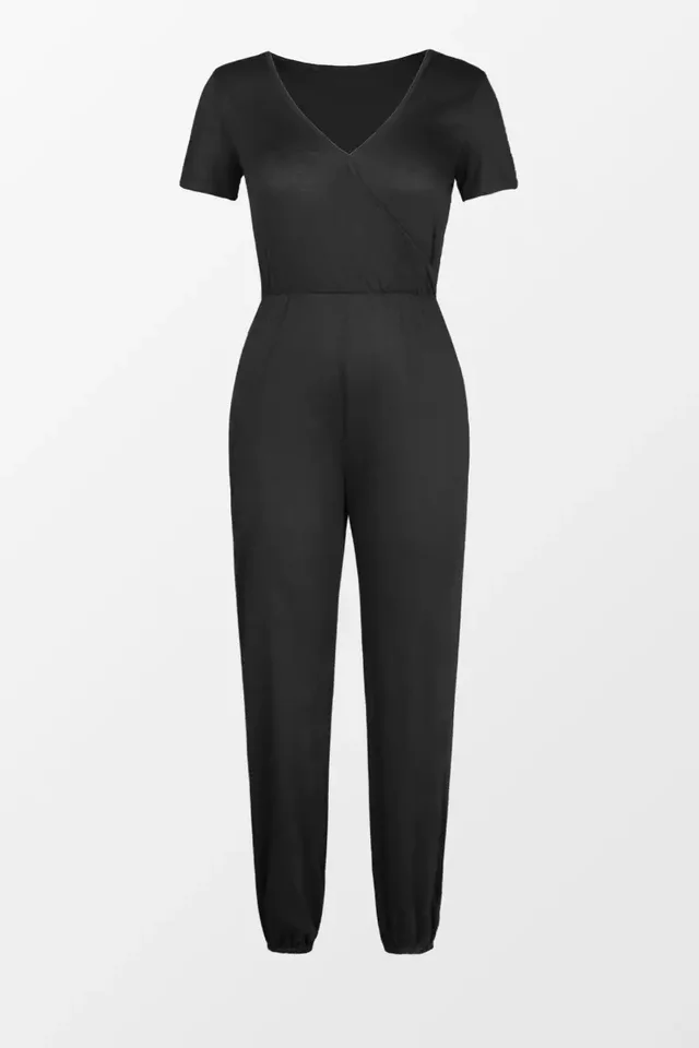 Cross V neck Short Sleeved Lace Up Pocket Casual Jumpsuit Black - Shop at LoveMi
