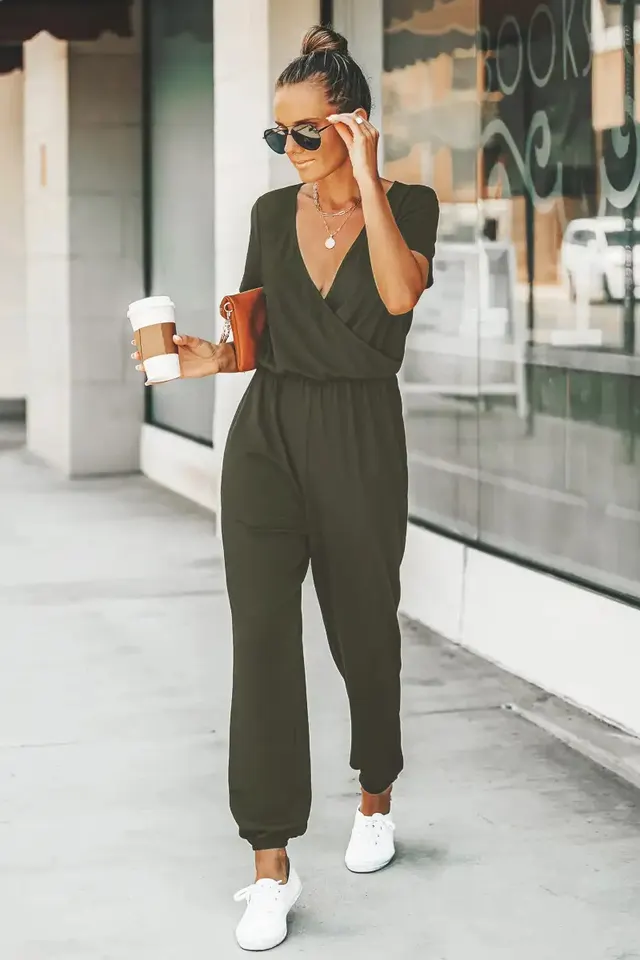 Cross V neck Short Sleeved Lace Up Pocket Casual Jumpsuit Dark Green - Shop at LoveMi