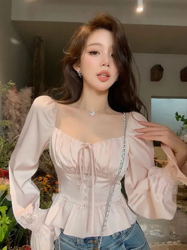 French Beautiful Small Shirt With Square Collar And Waist Up Top Pink Long Sleeve - Shop at LoveMi