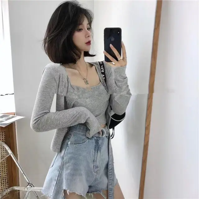 Short Suspender Vest Long Sleeved Cardigan Two piece Set For Women Grey - Shop at LoveMi