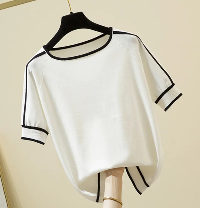 Thin Ice Silk Short Sleeve Summer Loose Top Sweater White - Shop at LoveMi