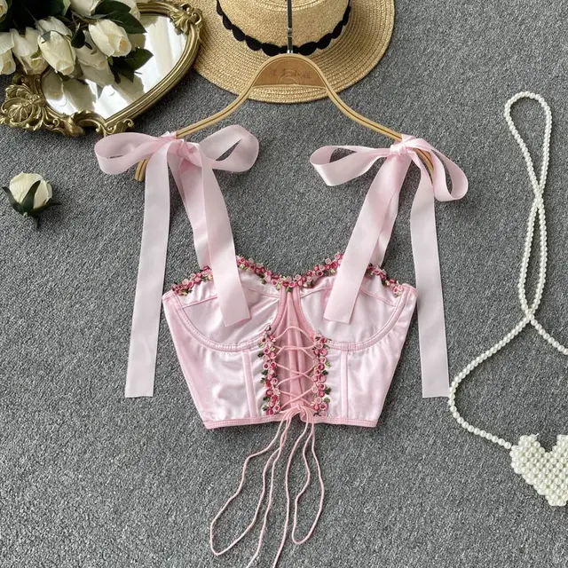 Drawstring Lace Up Hollow Short Bra Strap Top Pink - Shop at LoveMi