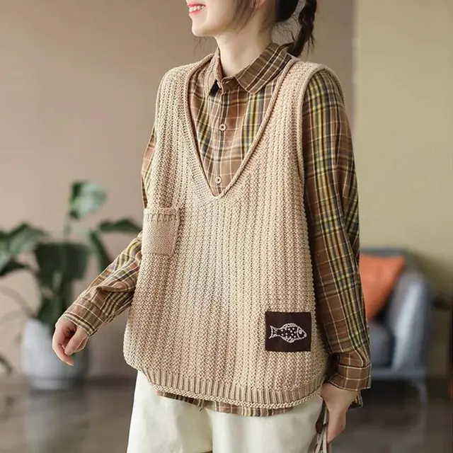 Vest Women Knitted Vest Women V Neck Loose Light Khaki - Shop at LoveMi