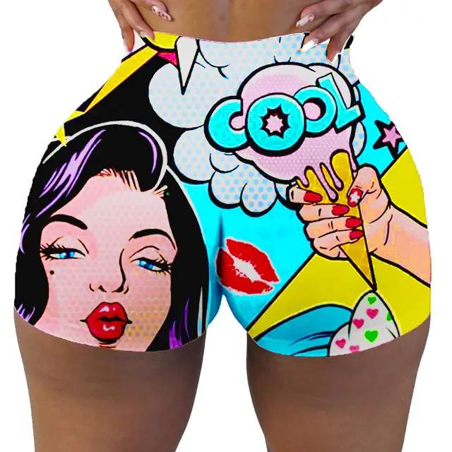 European And American Leisure Shorts Tight Cartoon Print Sports Yoga Hot Pants Picture Color - Shop at LoveMi