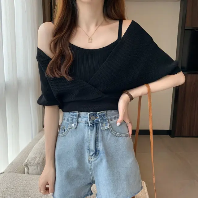 Design Fake Two piece Waistband Short Sleeved Knit Shirt For Women Black - Shop at LoveMi