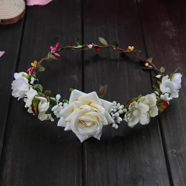 Female Headdress Rose Wreath Hair Hoop Bridesmaid Decoration White - Shop at LoveMi