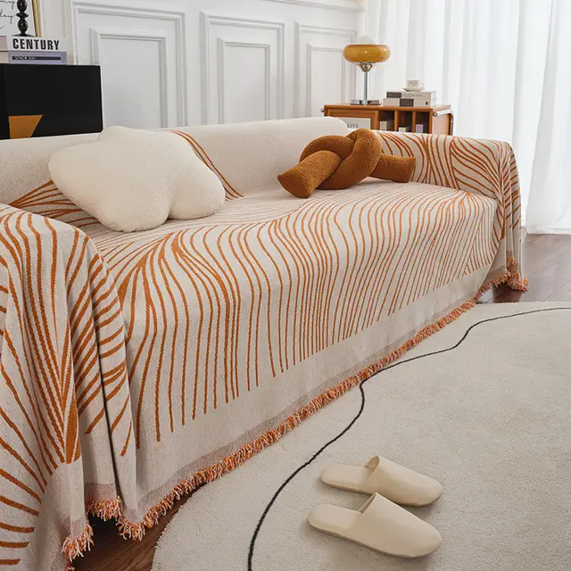 Sofa Cover With Long Chair Home Decoration Tassel Blanket Line Orange - Shop at LoveMi