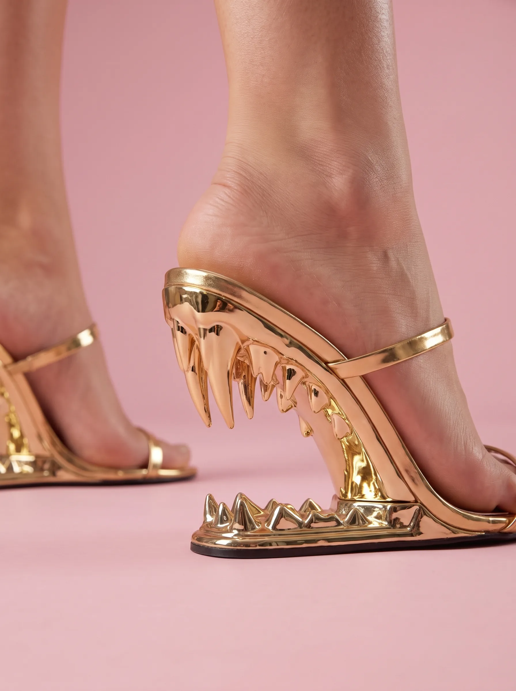 Gold Heeled Sandals with Sculpted Fang Heel - Gold - View 3