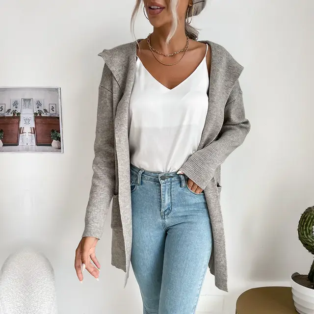 European And American Sunken Stripe Knitted Hoodie Casual Sweater Coat For Women Gray - Shop at LoveMi