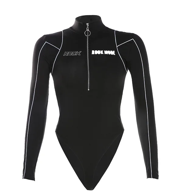Rockmore Reflective Line Bodysuit Women Moto & Biker Turtleneck Jumpsuit Black - Shop at LoveMi