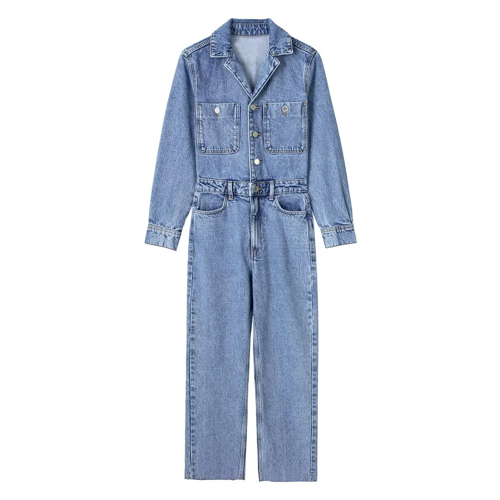 Women's Fashion Lapel Long Sleeve Straight Denim Jumpsuit Blue - Shop at LoveMi