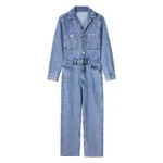 Women's Fashion Lapel Long Sleeve Straight Denim Jumpsuit - Blue