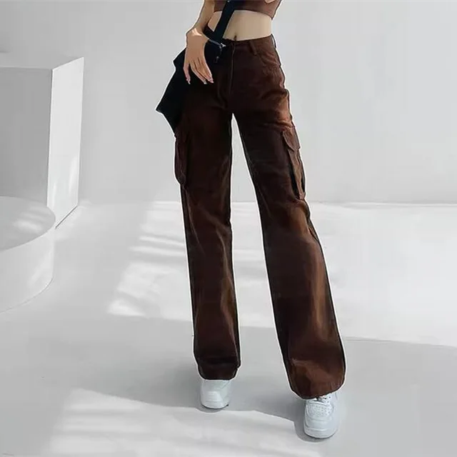 Women's High Waisted Wide Leg Casual Multi Pocket Loose Vintage Pants Coffee - Shop at LoveMi