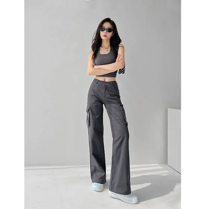 Women's High Waisted Wide Leg Casual Multi Pocket Loose Vintage Pants - Dark Grey