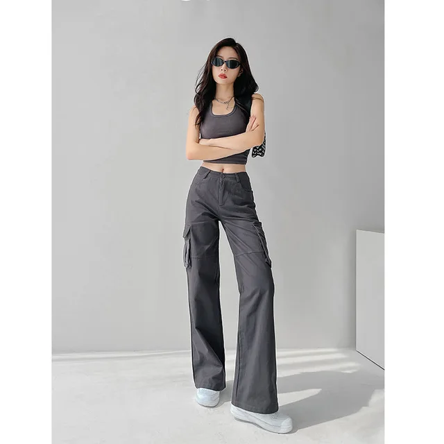 Women's High Waisted Wide Leg Casual Multi Pocket Loose Vintage Pants Dark Grey - Shop at LoveMi