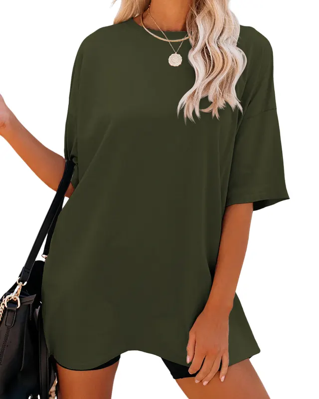 Solid Color Loose Women's T shirt Fashion Round Neck Plus Size Short Sleeve Army Green - Shop at LoveMi