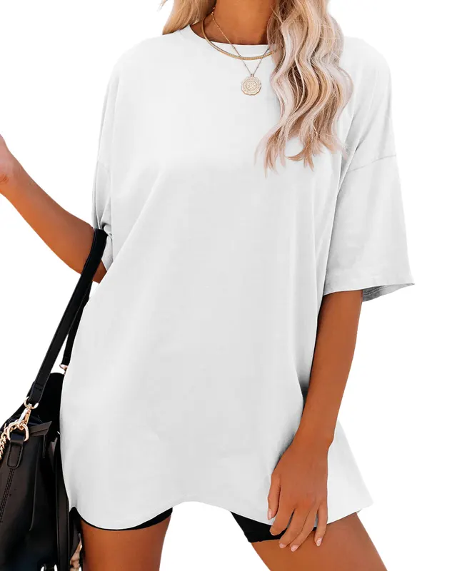 Solid Color Loose Women's T shirt Fashion Round Neck Plus Size Short Sleeve White - Shop at LoveMi