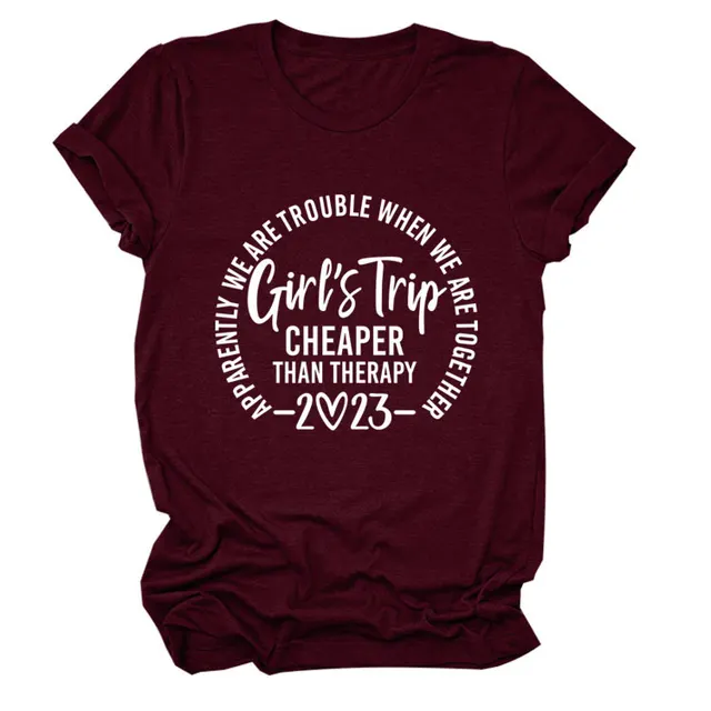 Letter Crew Neck Short Sleeve Loose Women's T shirt Wine Red White Font - Shop at LoveMi