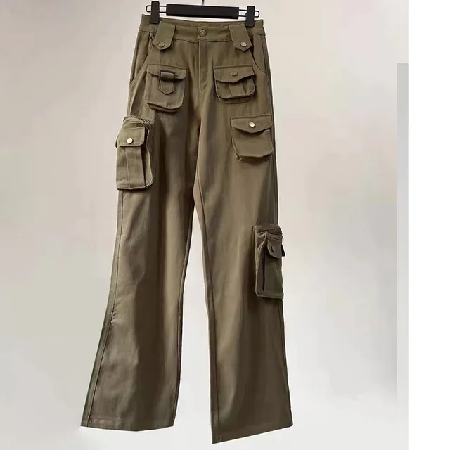 West Coast Spicy Girls Multi Pocket High Waist Military Wide Leg Pants Army Green - Shop at LoveMi
