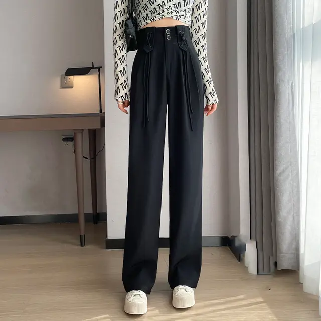 Women's Straight Fit Loose Slim Suit Pants Black Petite - Shop at LoveMi