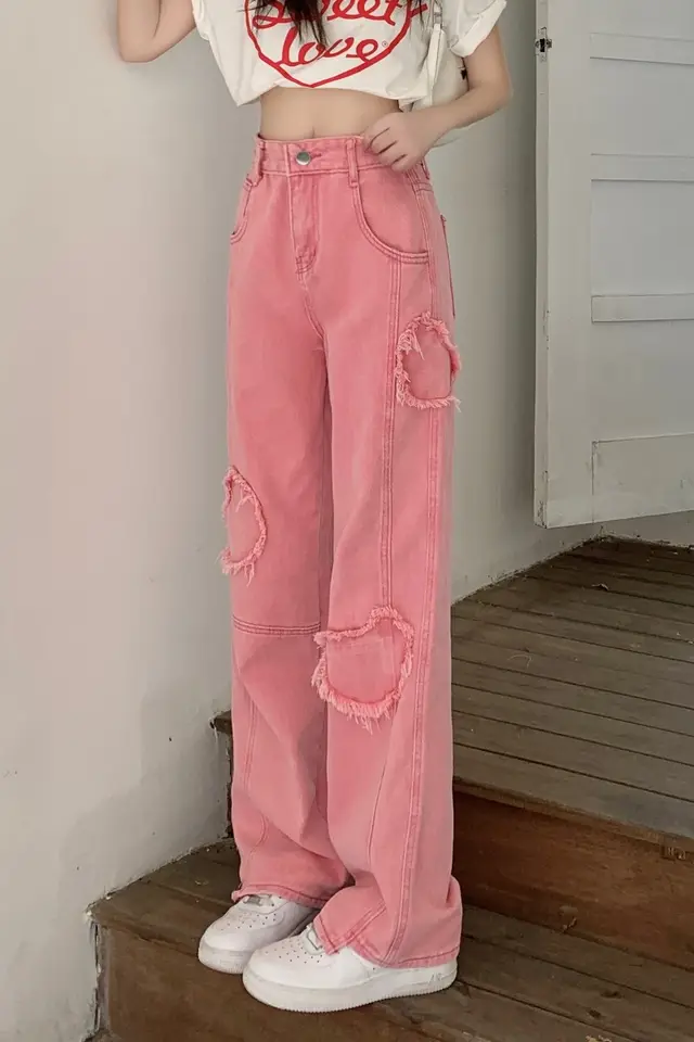 Women's Heart Loose Design Sense Jeans Pink - Shop at LoveMi