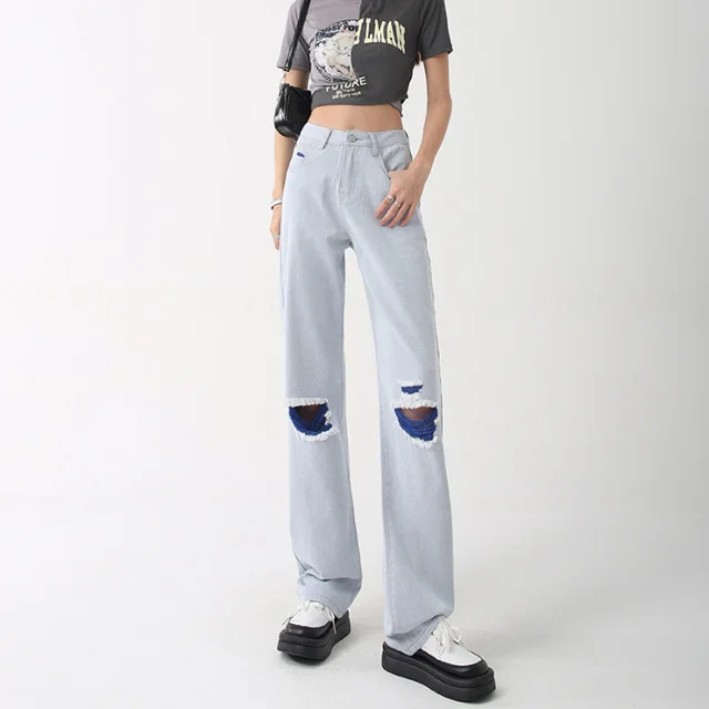 Women's High Waist Loose Ripped Jeans Light Blue Lengthened - Shop at LoveMi