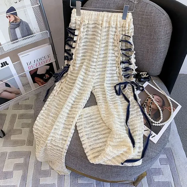 Side Lace up Micro Flare Pants For Women Apricot Stripes - Shop at LoveMi