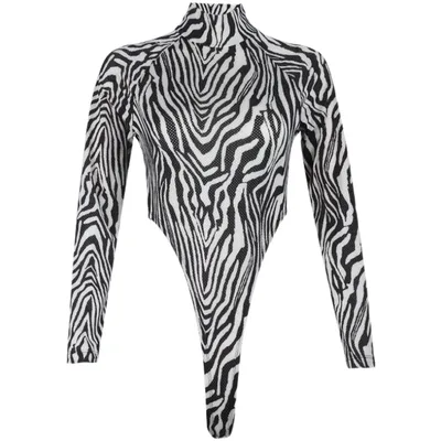 Women's Zebra Pattern Hollow Half High Neck Bodysuit Picture Color - Shop at LoveMi
