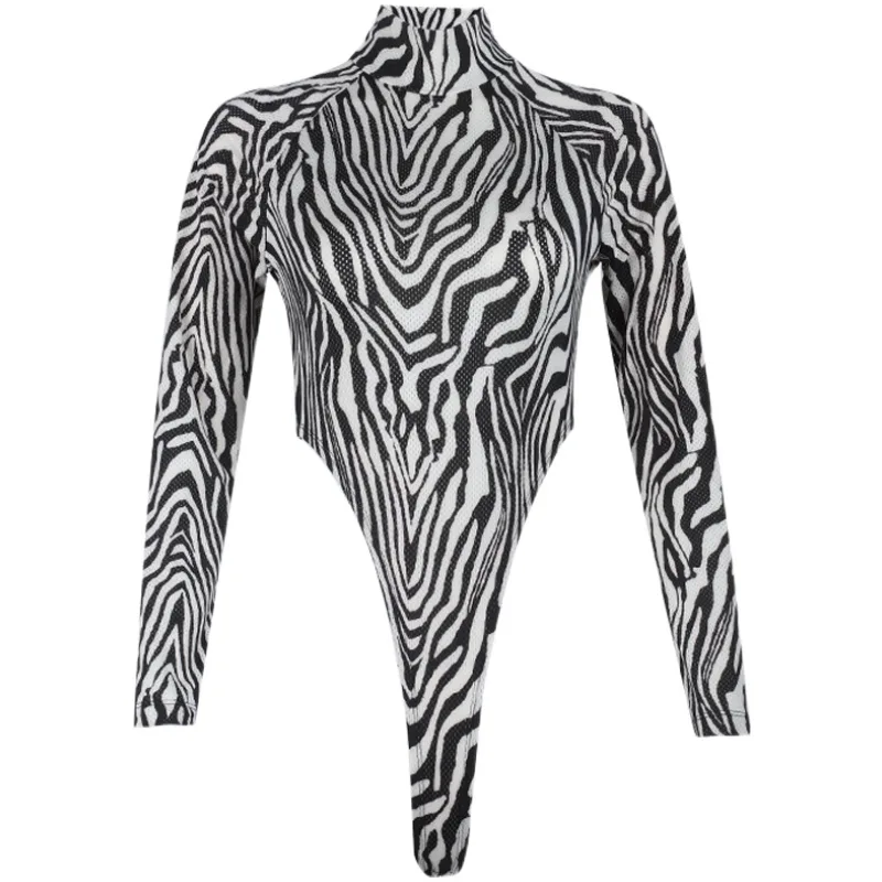 Women's Zebra Pattern Hollow Half High Neck Bodysuit - Shop at LoveMi