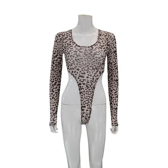 Mesh Leopard Print Tight Cut Out Long Sleeved Jumpsuit Leopard Print Color - Shop at LoveMi