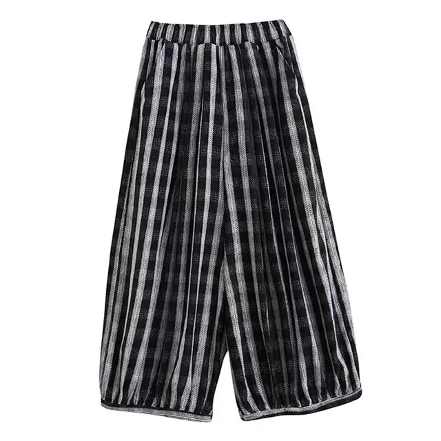 Elastic Waist Loose Stripe Dark Grid Contrast Lantern Wide Leg Casual Pants For Women Black - Shop at LoveMi