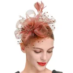 Feather Bride Hair Ornament Mesh Hat Combination Hairpin - Red Coffee Mesh