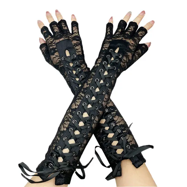 Female Lace Touch Screen Gloves Half Finger Black - Shop at LoveMi