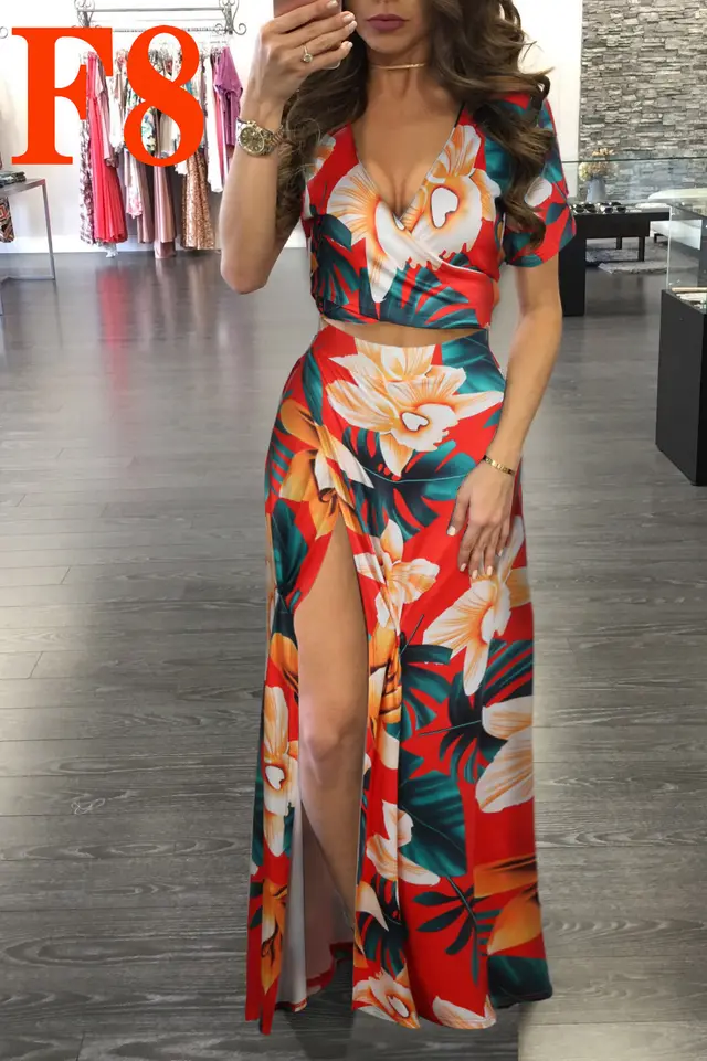 Printed Floral Dress Two piece Suit For Women F8 Yellow Flowers In Red - Shop at LoveMi