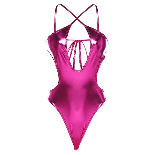 Womens Metallic Shiny Bikini Cross Halter Hollow Out Backless Swimwear Bodysuit Rose Red - Shop at LoveMi
