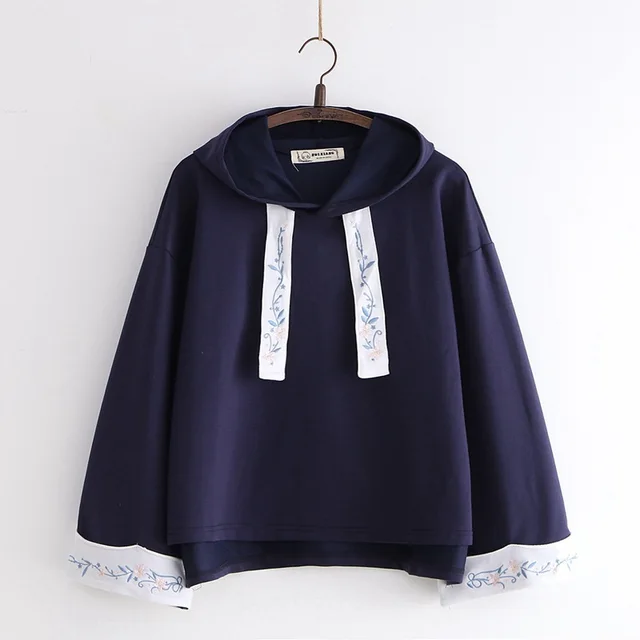 Embroidery Hooded Solid Color Hoodie For Women Black - Shop at LoveMi