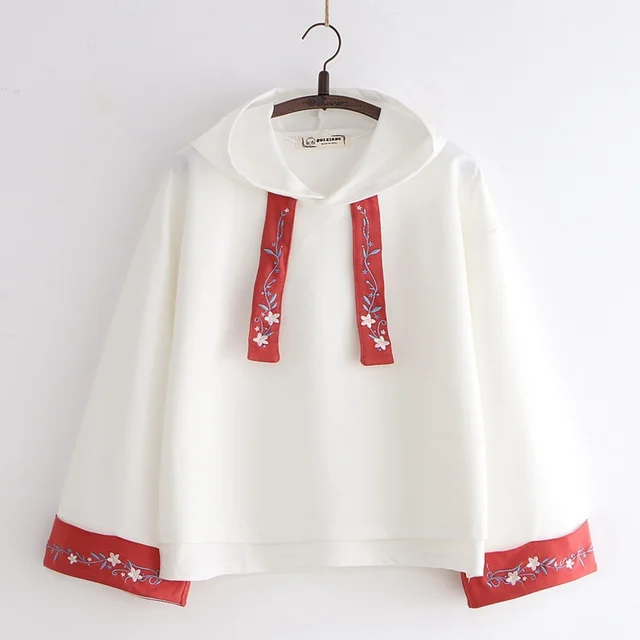 Embroidery Hooded Solid Color Hoodie For Women White - Shop at LoveMi